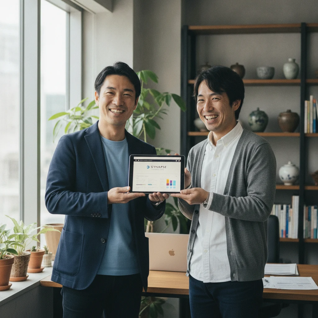 完成したアプリを見て喜ぶ経営者