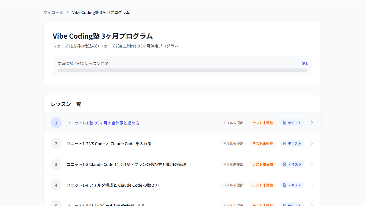 Vibe Coding塾 コース画面の実際の表示（42レッスンの一覧と学習進捗）